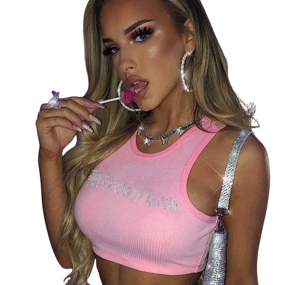 McBling 'Baby bad' Pink Crop Top with Gems Letters