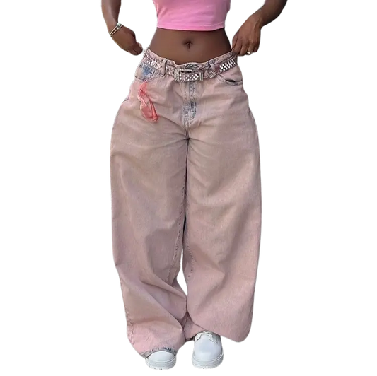 McBling Baggy Washed High Waist Pink Denim Pants