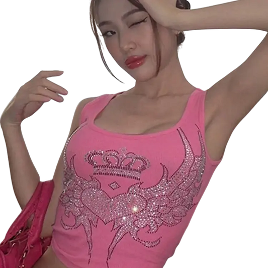 McBling Crown and Heart Sequined Pink Tank Top