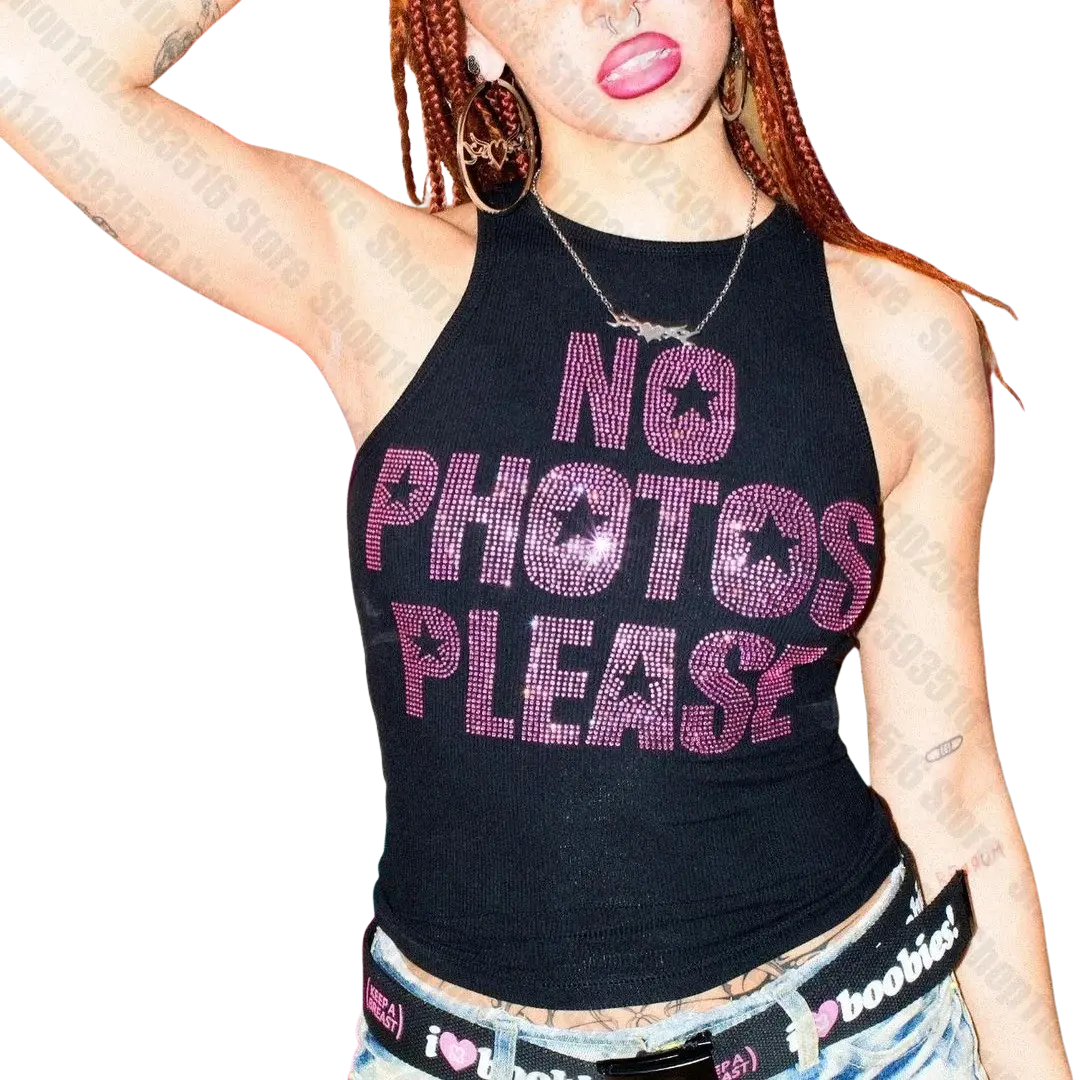 McBling 'No Photos Please' Paparazzi Tank Top - Black with Rhinestones Gems