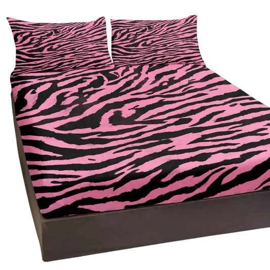 McBling Pink Zebra Bedding - 3 pcs Bed Linen - 2 Pillows Cases and 1 Fitted Sheet