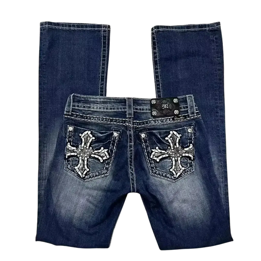 McBling Straight High Waist Denim with Cross Embroidery Pockets