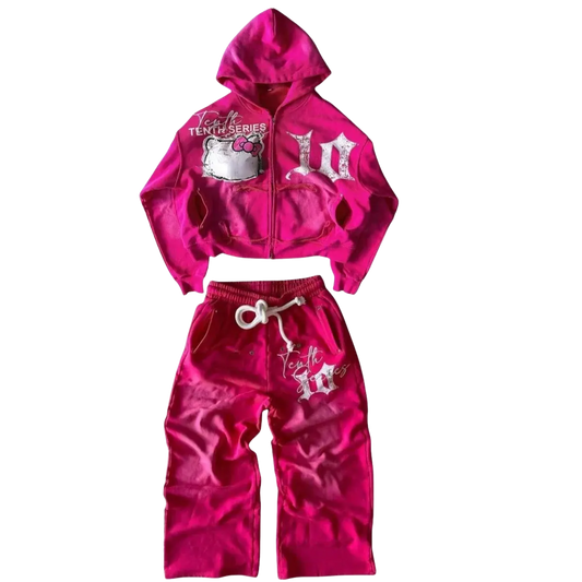 McBling Tracksuit - Pink Loose Cartoon Embroidered Hoodie and Pants