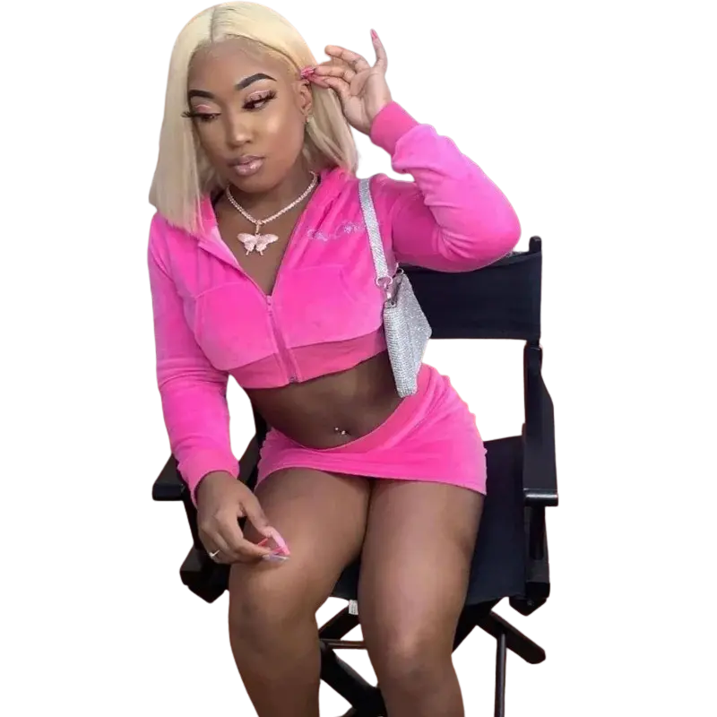 McBling 2 Pieces 'Fine Girl' Set - Pink Crop Top Zipper Hoodie and Tracksuit Shorts